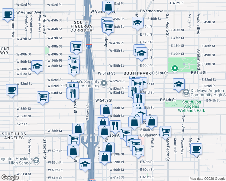 map of restaurants, bars, coffee shops, grocery stores, and more near 236 West 52nd Place in Los Angeles