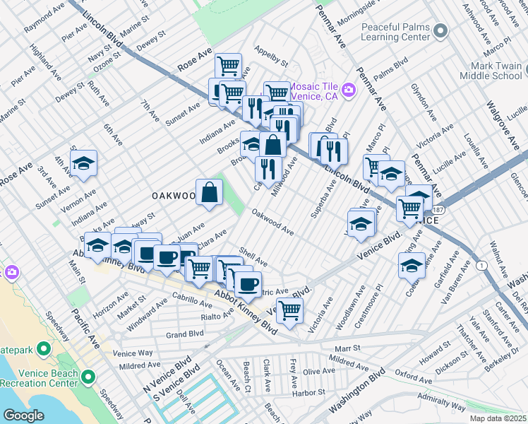 map of restaurants, bars, coffee shops, grocery stores, and more near Milwood Avenue in Los Angeles