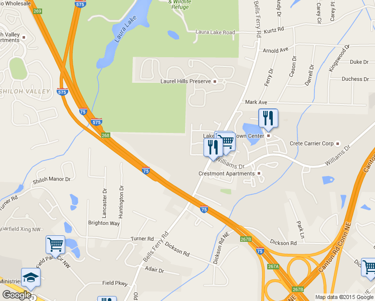 map of restaurants, bars, coffee shops, grocery stores, and more near 1765 Barrington Overlook in Marietta