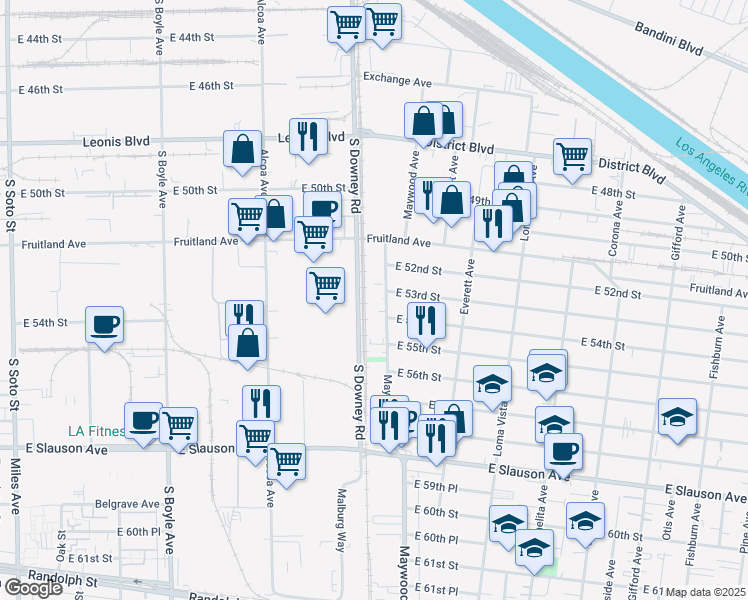 map of restaurants, bars, coffee shops, grocery stores, and more near 5307 Maywood Avenue in Maywood