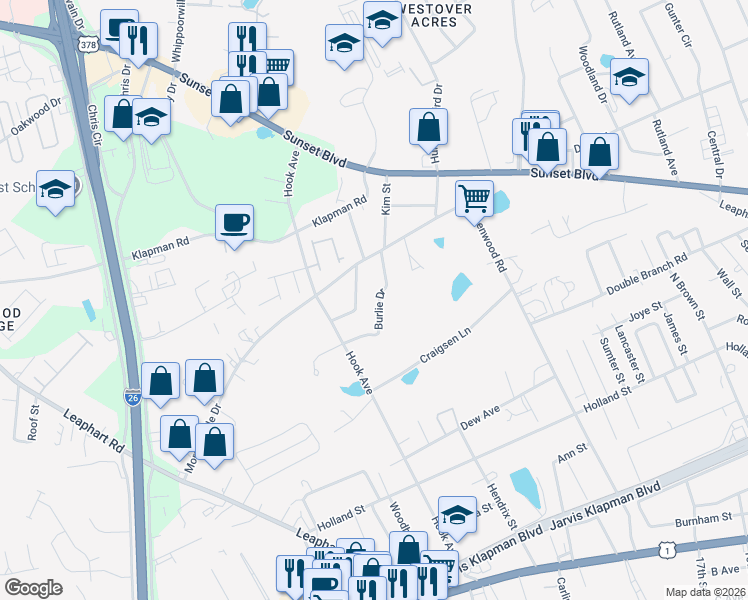 map of restaurants, bars, coffee shops, grocery stores, and more near 129 Burlie Drive in West Columbia