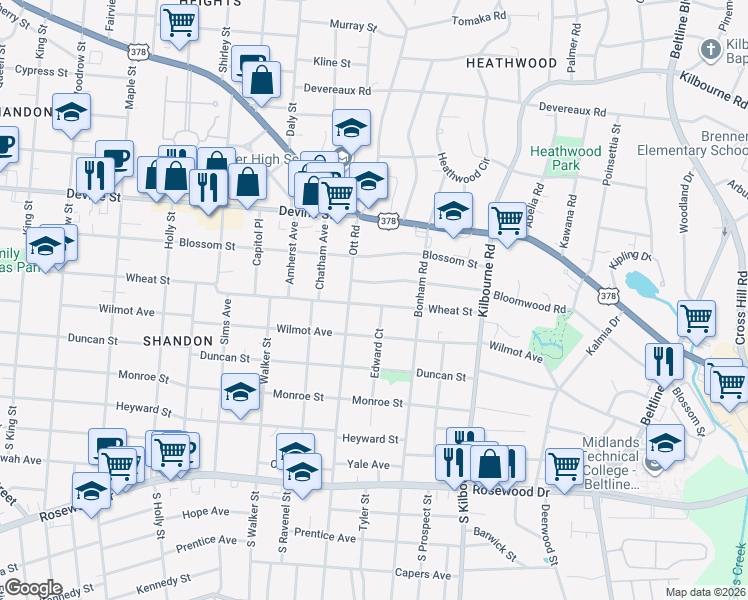 map of restaurants, bars, coffee shops, grocery stores, and more near 3419 Wheat Street in Columbia