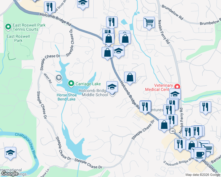 map of restaurants, bars, coffee shops, grocery stores, and more near 530 South Riversong Lane in Alpharetta