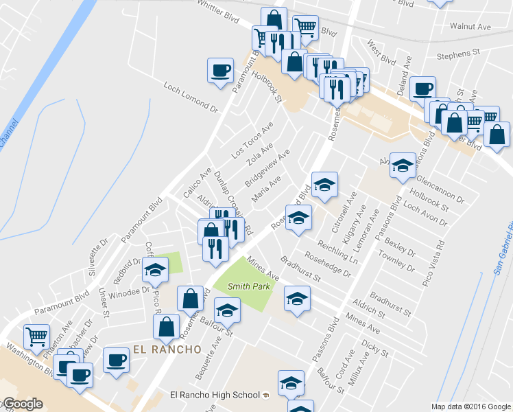 map of restaurants, bars, coffee shops, grocery stores, and more near 5630 Maris Avenue in Pico Rivera