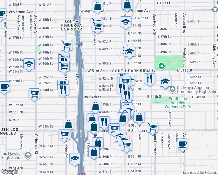 map of restaurants, bars, coffee shops, grocery stores, and more near 206 West 52nd Place in Los Angeles