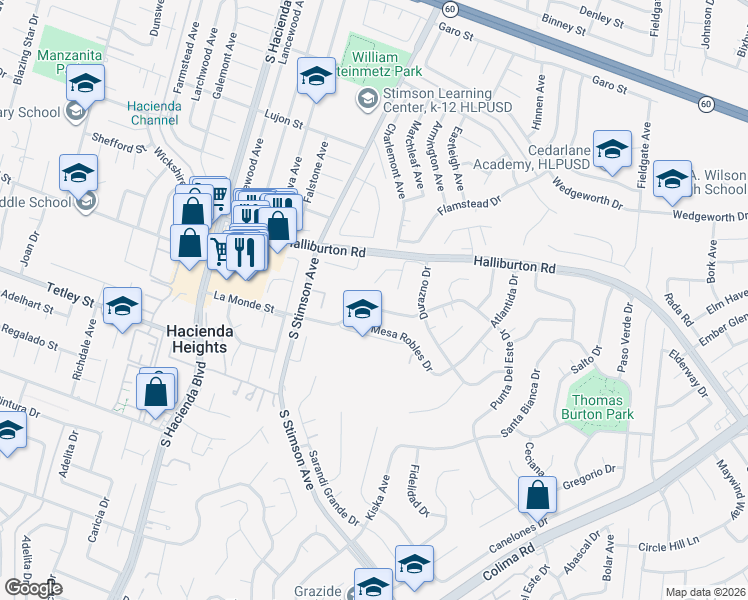 map of restaurants, bars, coffee shops, grocery stores, and more near 16071 La Monde Street in Hacienda Heights