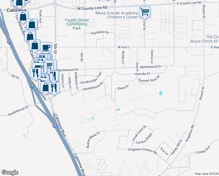 map of restaurants, bars, coffee shops, grocery stores, and more near 1238 3rd Street in Calimesa