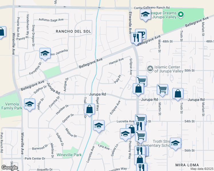 map of restaurants, bars, coffee shops, grocery stores, and more near 11236 Pala Place in Jurupa Valley