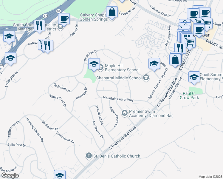 map of restaurants, bars, coffee shops, grocery stores, and more near 22461 Falconburn Way in Diamond Bar