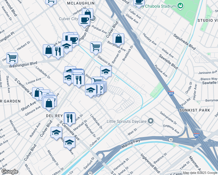 map of restaurants, bars, coffee shops, grocery stores, and more near 11780 Braddock Drive in Los Angeles
