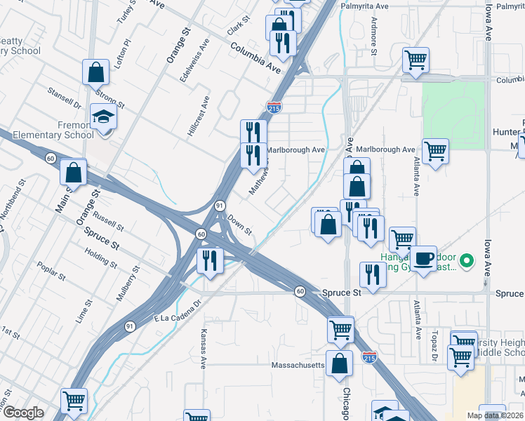 map of restaurants, bars, coffee shops, grocery stores, and more near 1963 Thornton Street in Riverside