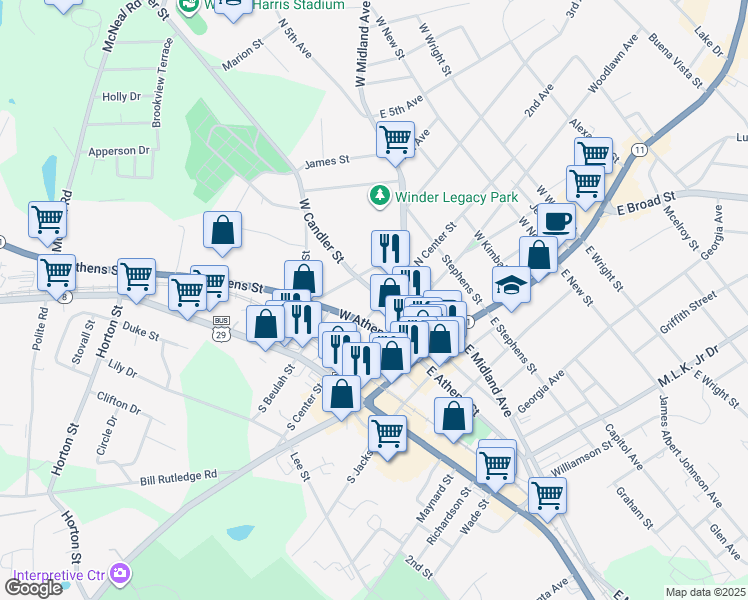 map of restaurants, bars, coffee shops, grocery stores, and more near 72 West Candler Street in Winder