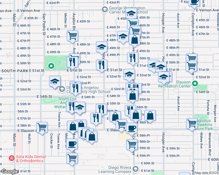 map of restaurants, bars, coffee shops, grocery stores, and more near 891 East 53rd Street in Los Angeles