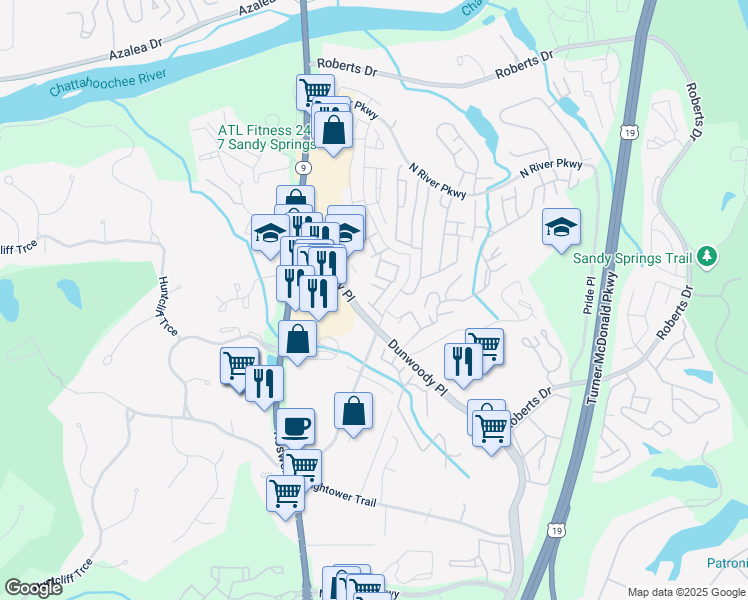 map of restaurants, bars, coffee shops, grocery stores, and more near 125 North River Drive in Atlanta
