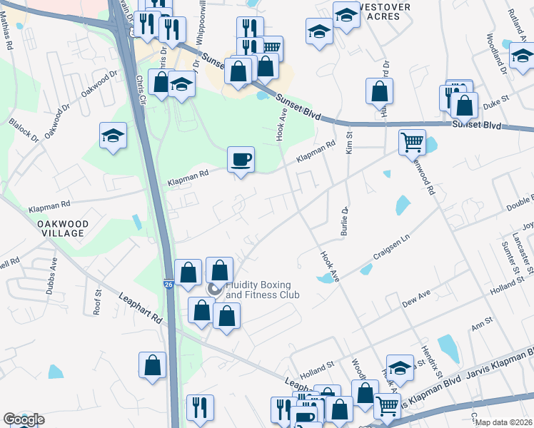 map of restaurants, bars, coffee shops, grocery stores, and more near Finnegan Lane in West Columbia