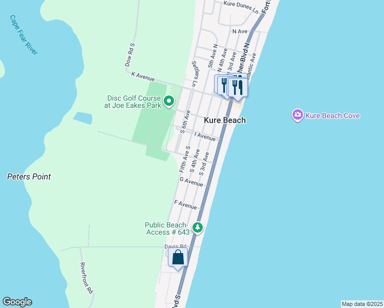 map of restaurants, bars, coffee shops, grocery stores, and more near 406 H Avenue in Kure Beach