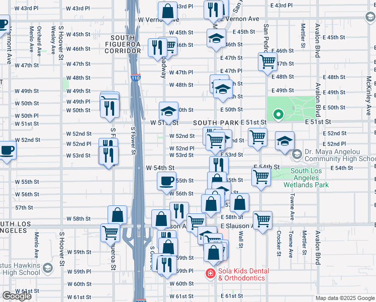 map of restaurants, bars, coffee shops, grocery stores, and more near 210 West 52nd Place in Los Angeles