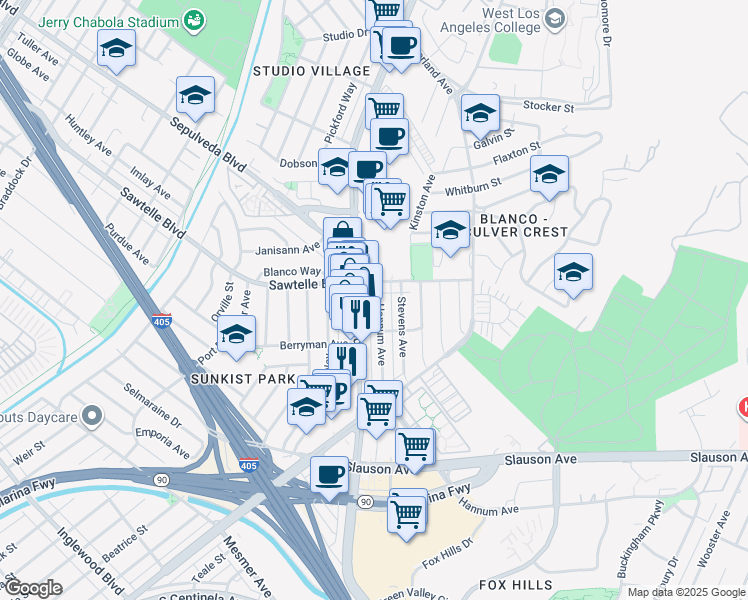 map of restaurants, bars, coffee shops, grocery stores, and more near 5424 Sepulveda Boulevard in Culver City
