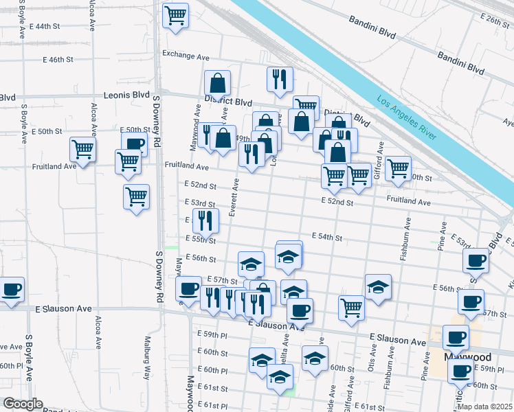 map of restaurants, bars, coffee shops, grocery stores, and more near 3643 East 53rd Street in Maywood
