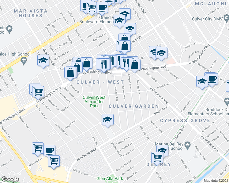 map of restaurants, bars, coffee shops, grocery stores, and more near 4183 Neosho Avenue in Los Angeles