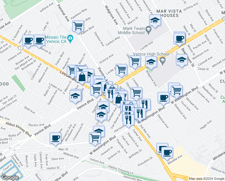 map of restaurants, bars, coffee shops, grocery stores, and more near 1154 Venice Boulevard in Los Angeles