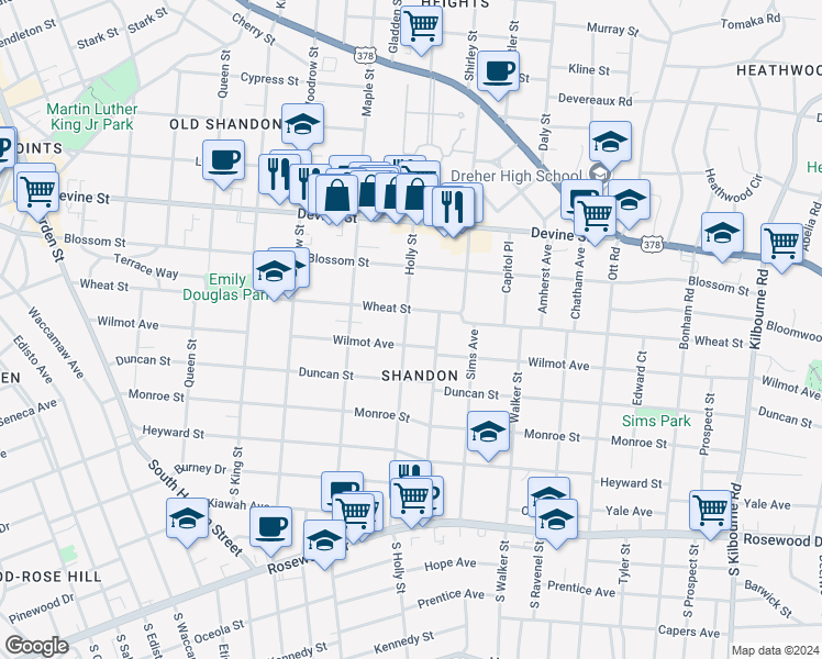 map of restaurants, bars, coffee shops, grocery stores, and more near 426 Holly Street in Columbia