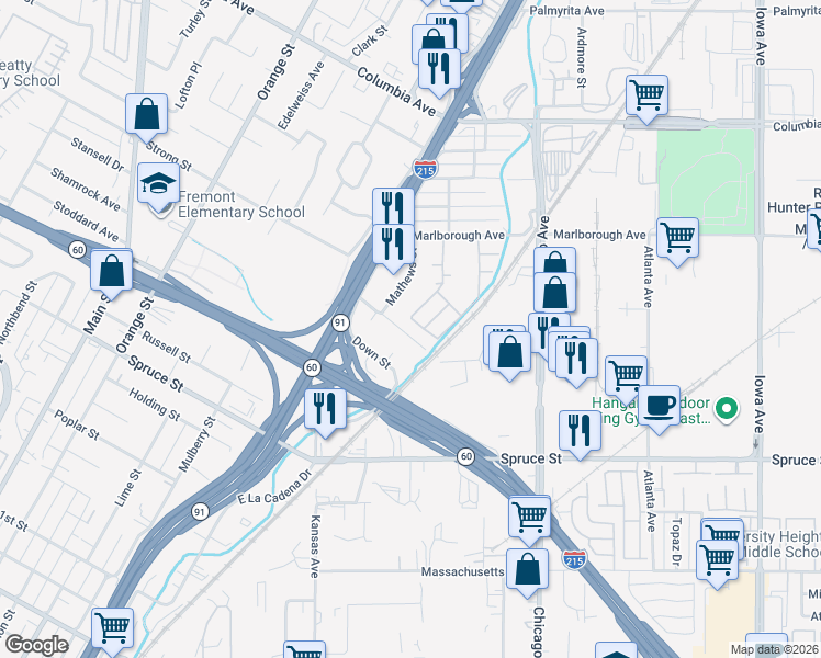 map of restaurants, bars, coffee shops, grocery stores, and more near 1971 Thornton Street in Riverside
