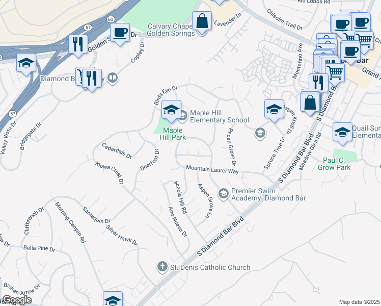 map of restaurants, bars, coffee shops, grocery stores, and more near 1520 Arbury Drive in Diamond Bar