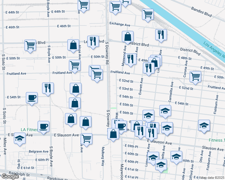 map of restaurants, bars, coffee shops, grocery stores, and more near 5307 Maywood Avenue in Maywood