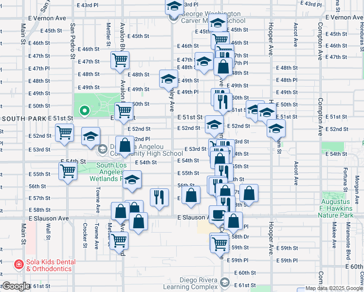 map of restaurants, bars, coffee shops, grocery stores, and more near 891 East 53rd Street in Los Angeles