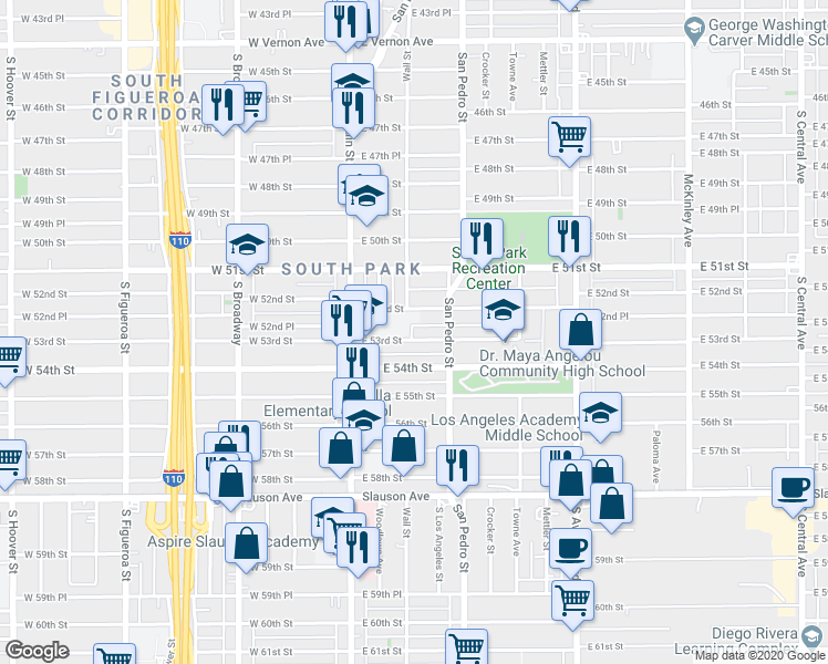 map of restaurants, bars, coffee shops, grocery stores, and more near 129 East 53rd Street in Los Angeles