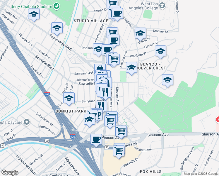 map of restaurants, bars, coffee shops, grocery stores, and more near 5424 Sepulveda Boulevard in Culver City