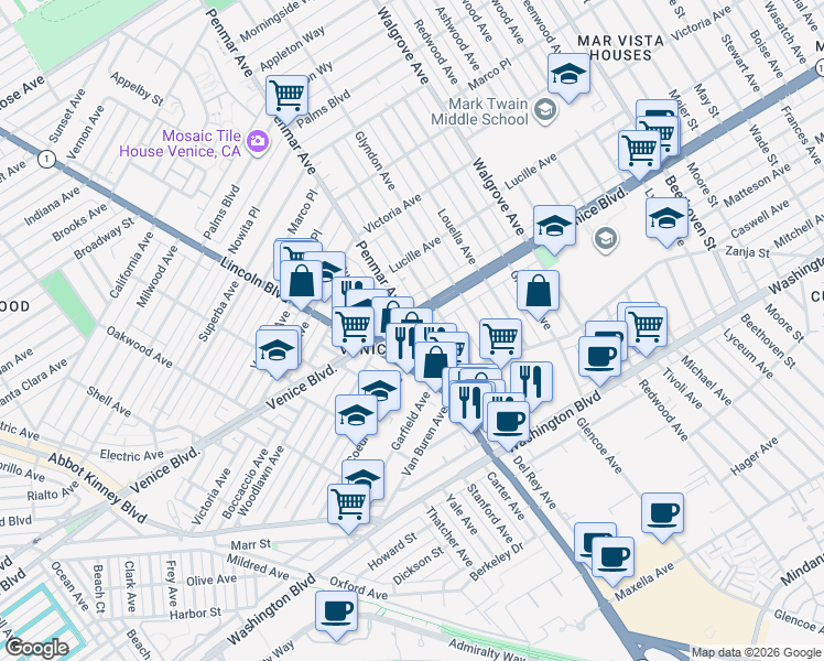 map of restaurants, bars, coffee shops, grocery stores, and more near 2414 Penmar Avenue in Los Angeles