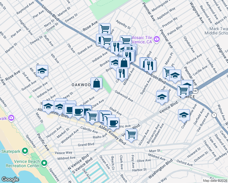 map of restaurants, bars, coffee shops, grocery stores, and more near 1414 Oakwood Avenue in Los Angeles