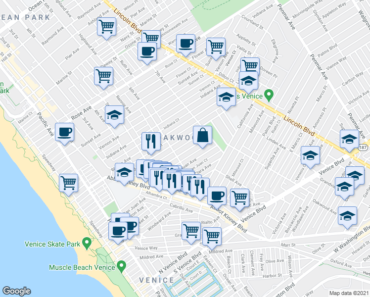 map of restaurants, bars, coffee shops, grocery stores, and more near 627 Westminster Avenue in Los Angeles