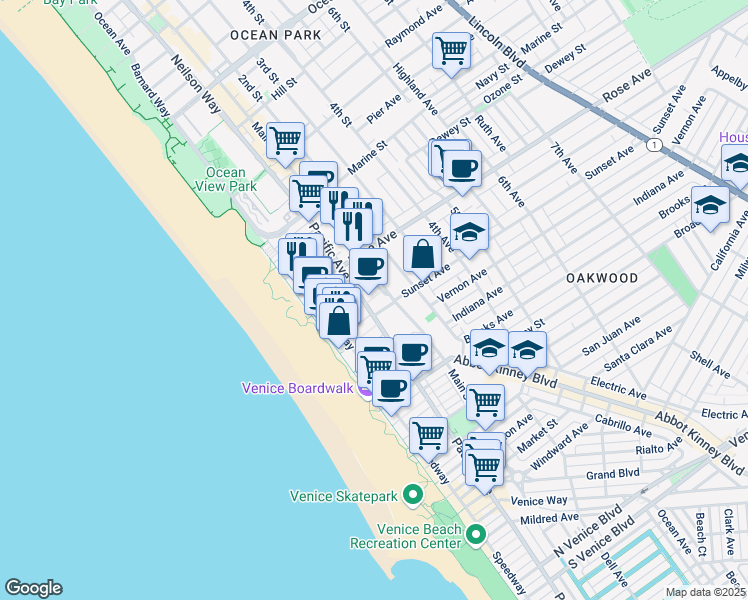 map of restaurants, bars, coffee shops, grocery stores, and more near 105 Paloma Avenue in Los Angeles