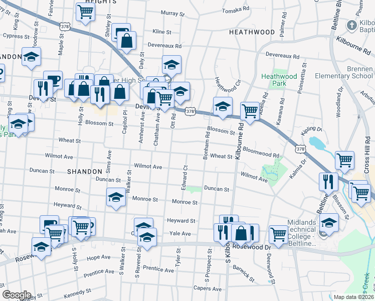 map of restaurants, bars, coffee shops, grocery stores, and more near 3419 Wheat Street in Columbia