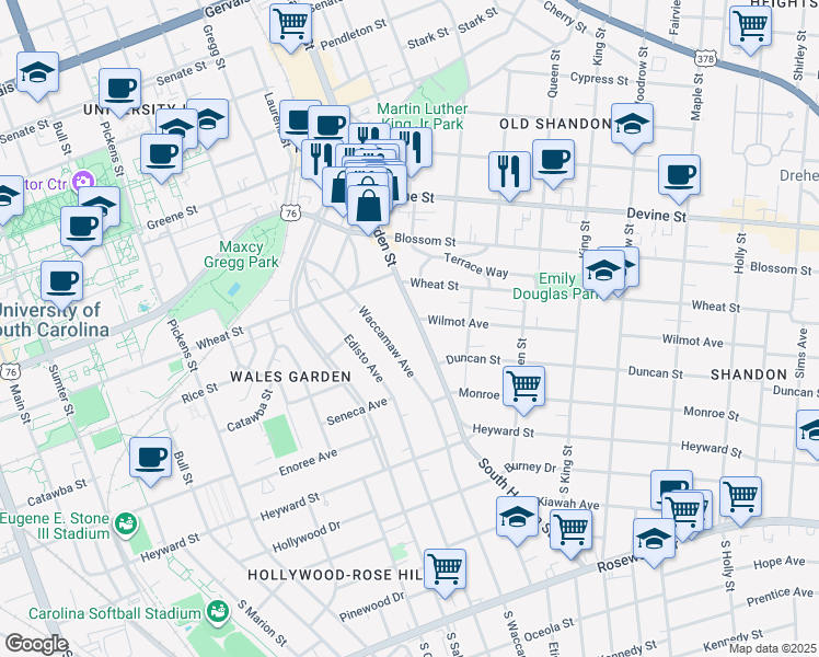map of restaurants, bars, coffee shops, grocery stores, and more near 2300 Wilmot Avenue in Columbia