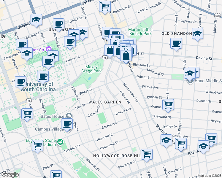 map of restaurants, bars, coffee shops, grocery stores, and more near 424 Saluda Avenue in Columbia