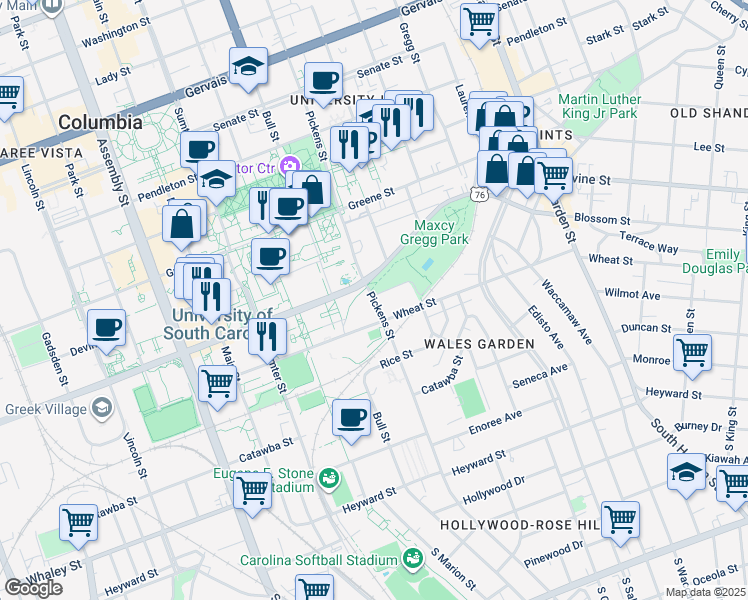 map of restaurants, bars, coffee shops, grocery stores, and more near in Columbia