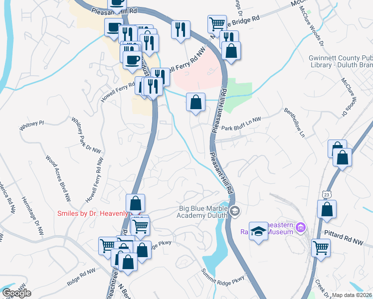 map of restaurants, bars, coffee shops, grocery stores, and more near 2314 Northwoods Lake Court in Duluth