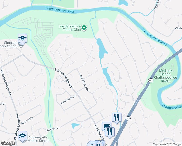map of restaurants, bars, coffee shops, grocery stores, and more near 4999 Bridgeport Way Northwest in Norcross