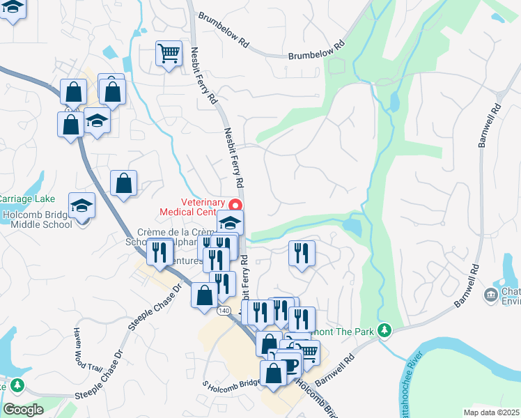 map of restaurants, bars, coffee shops, grocery stores, and more near 935 Tiber Circle in Alpharetta