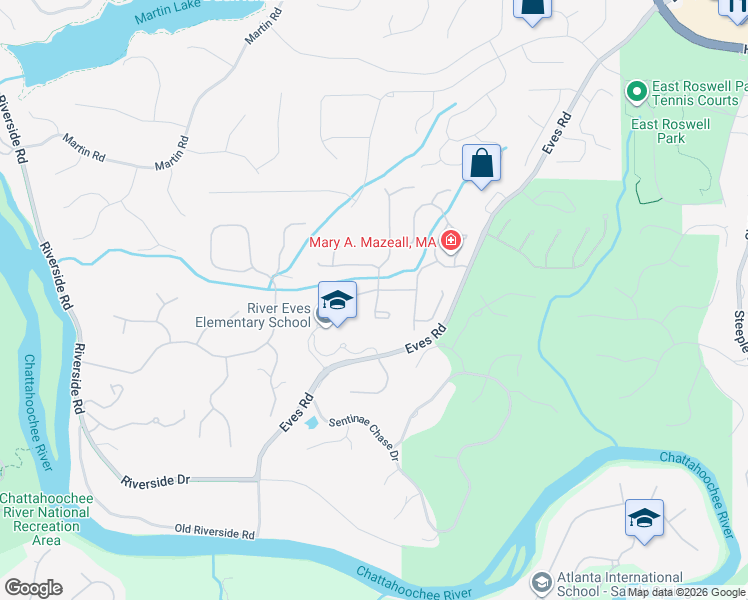 map of restaurants, bars, coffee shops, grocery stores, and more near 1625 Misty River Run in Roswell
