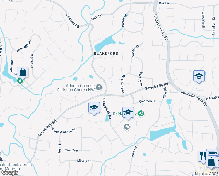 map of restaurants, bars, coffee shops, grocery stores, and more near 1835 Leighton Lane Northeast in Marietta