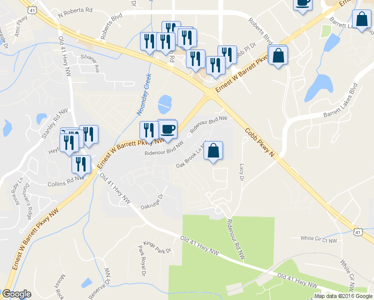 map of restaurants, bars, coffee shops, grocery stores, and more near 1777 Willow Branch Lane in Kennesaw