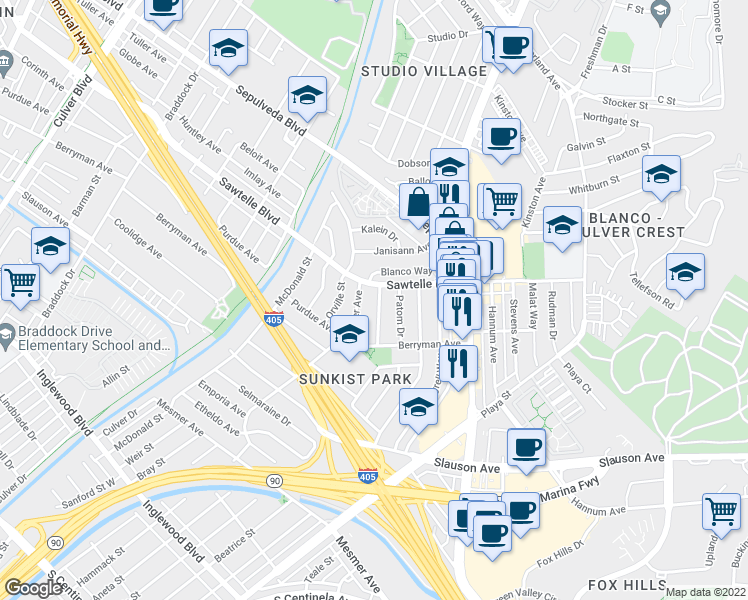 map of restaurants, bars, coffee shops, grocery stores, and more near 11213 Ryandale Drive in Culver City