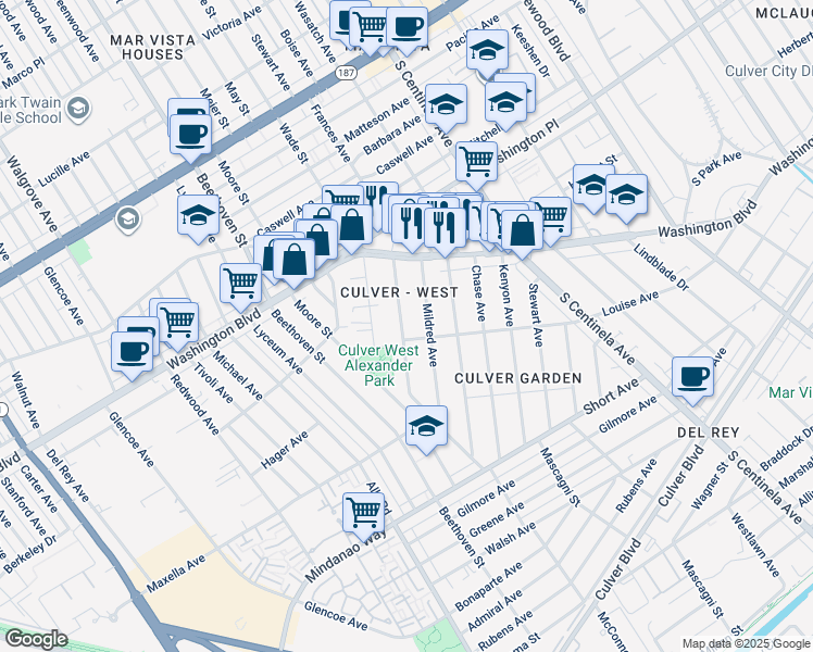 map of restaurants, bars, coffee shops, grocery stores, and more near 4182 McConnell Boulevard in Los Angeles