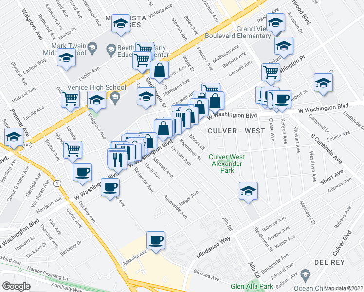 map of restaurants, bars, coffee shops, grocery stores, and more near 4025 Beethoven Street in Los Angeles