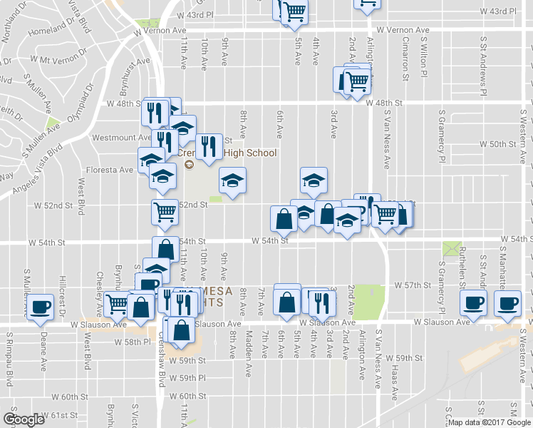 map of restaurants, bars, coffee shops, grocery stores, and more near 5316 7th Avenue in Los Angeles